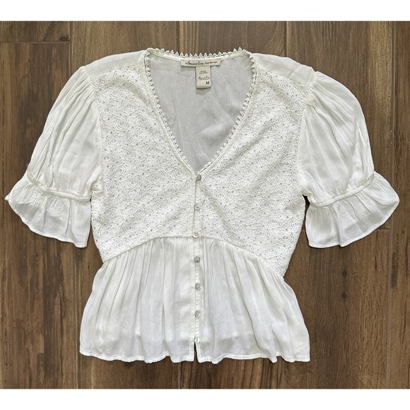 American Rag Cie Lace Blouse 1/2 Bell Sleeve Peasant Top Cream Sz M Button Boho - Picture 1 of 7
